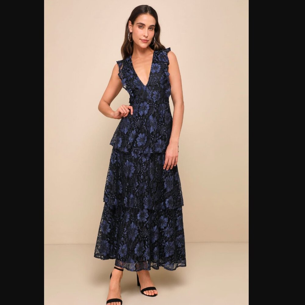 Lulus - NWT - Molinetto Navy Blue Lace Ruffled Tiered Sleeveless Maxi Dress
